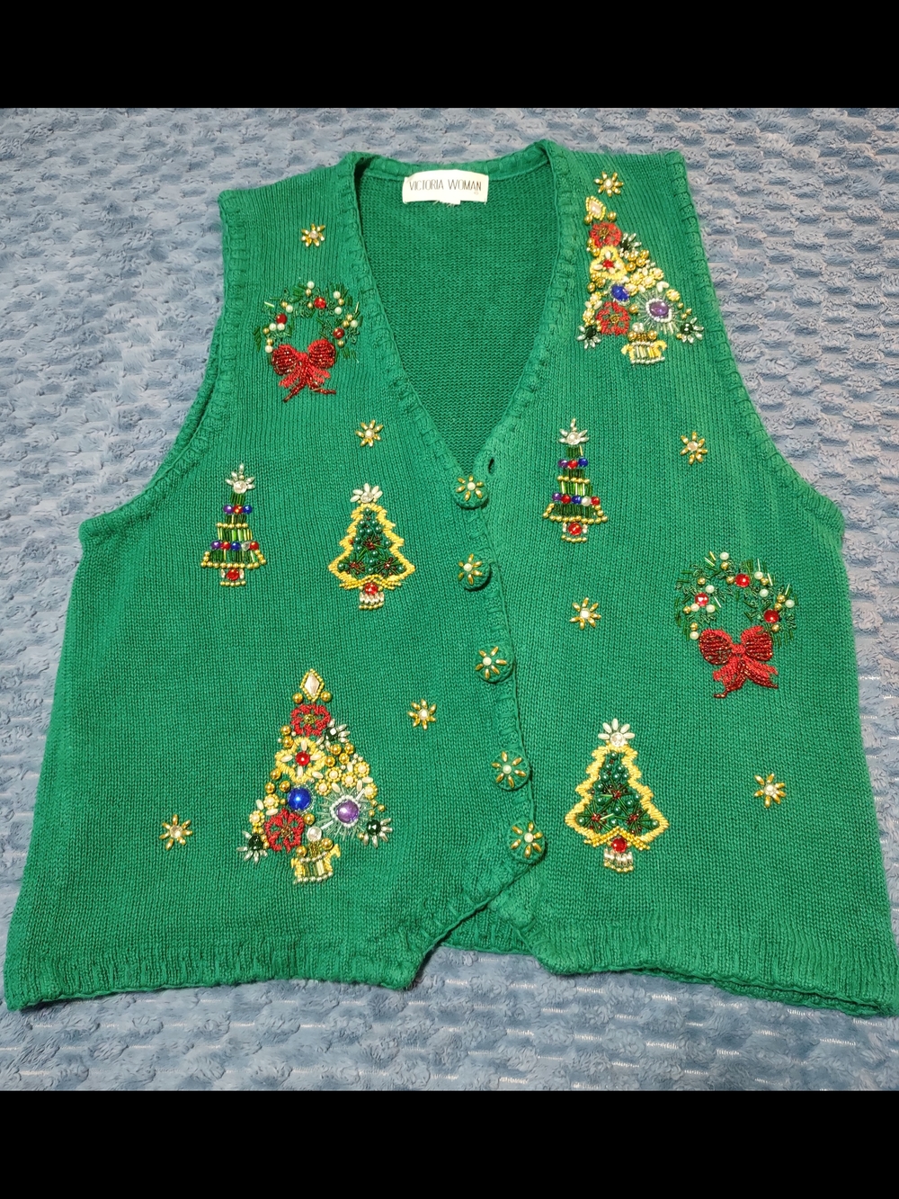 Green Beaded Christmas Tree Holiday Vest - Women